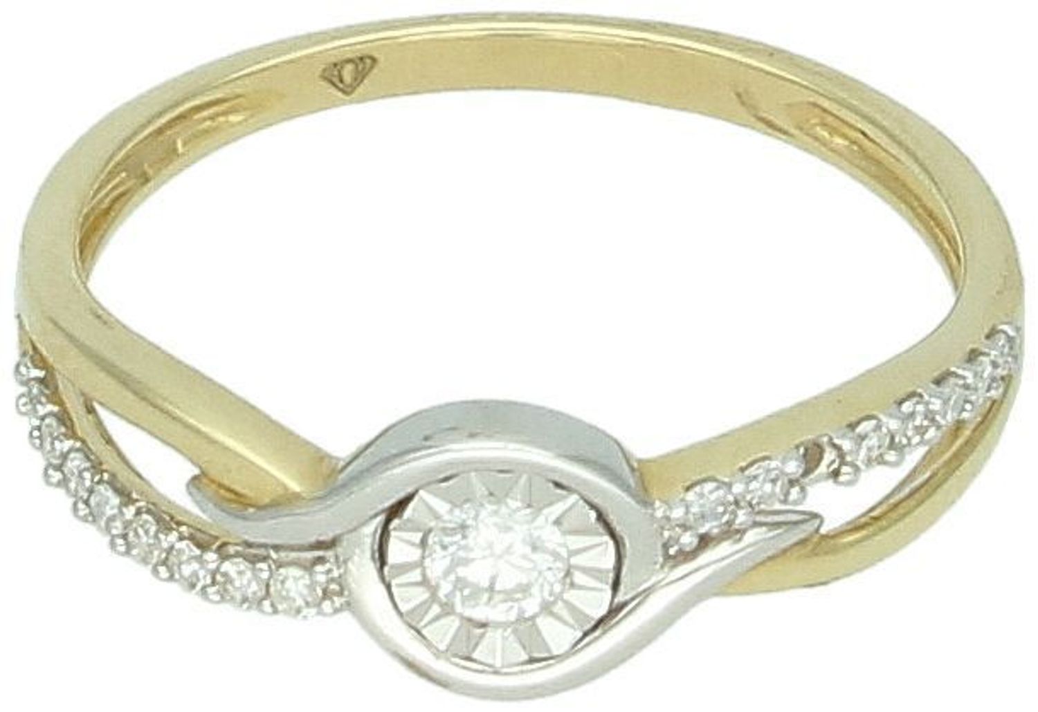 Klasyczny pierścionek zaręczynowy z żółtego i białego złota 585, rozmiar 12. 17 diamentów o masie 0,15 ct. Certyfikat PTG. Idealny prezent z klasą.1.jpg